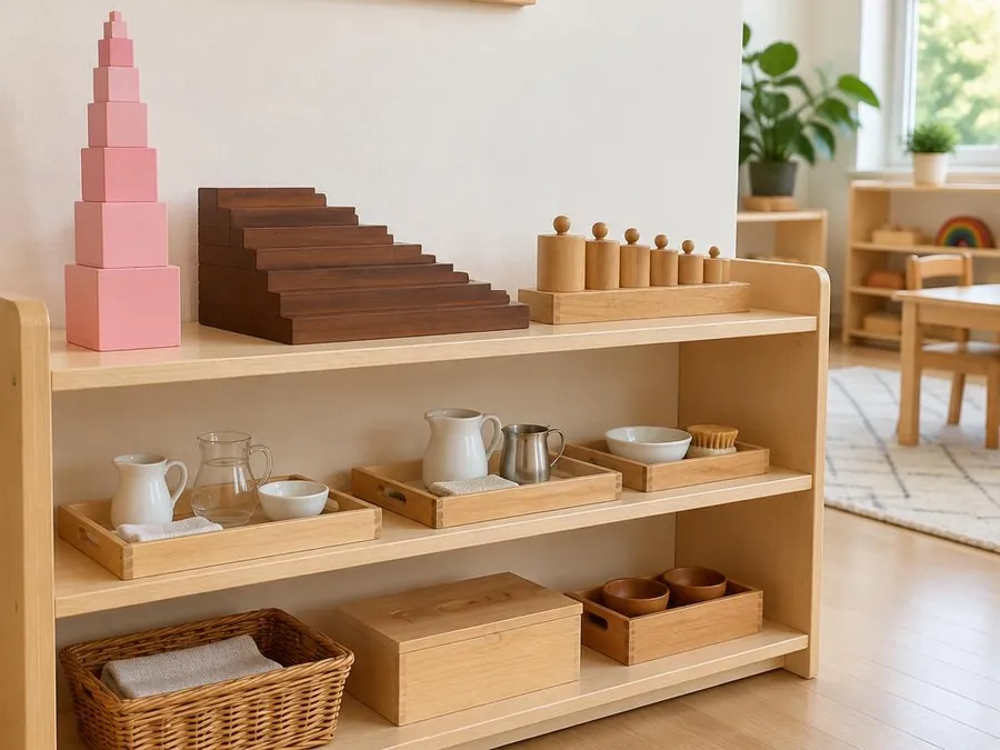 A wooden Montessori shelf with a pink tower, brown stair, knobbed cylinders and practical-life trays