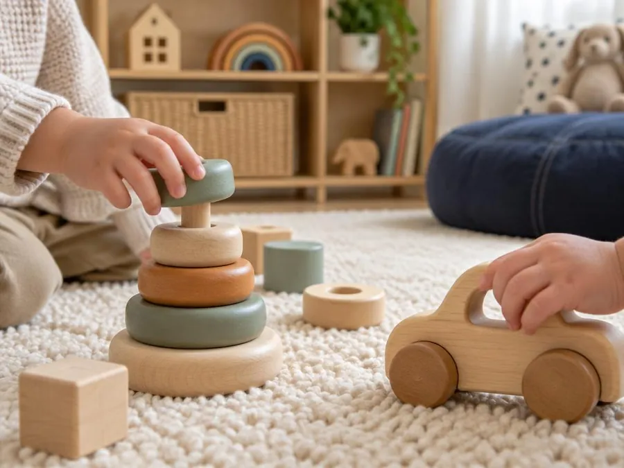 A toddler's hands playing with a wooden stacking toy and a wooden toy car on a soft cream rug