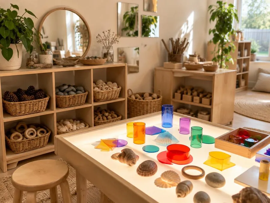 A Reggio Emilia style atelier with a glowing light table, coloured translucent shapes, shells and baskets of natural loose parts
