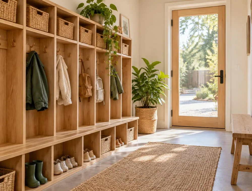 A welcoming entrance hall with wooden cubbies, coat hooks, woven baskets and small shoes lined up