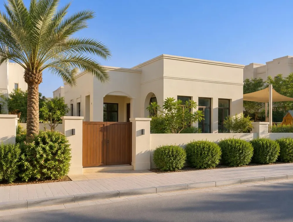 A cream villa-style building with a wooden gate, green shrubs and a palm tree on a quiet street
