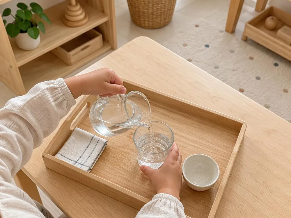 A child's hands pouring water from a small glass jug into a cup on a wooden practical-life tray