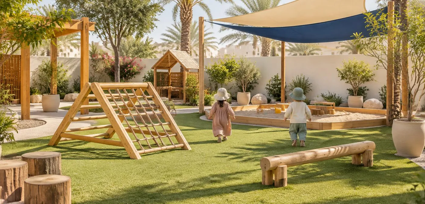 A shaded outdoor play garden with soft grass, a wooden climbing frame, a sandpit and two toddlers seen from behind