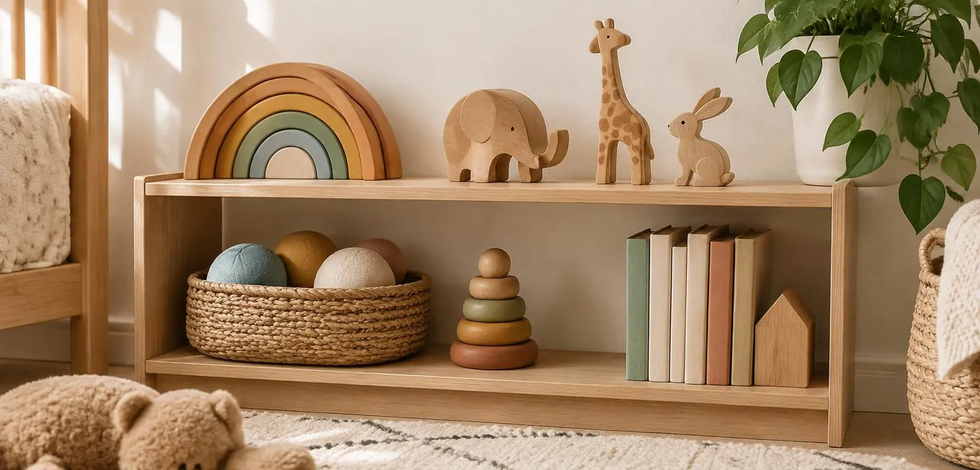 Natural wooden toys on a low shelf: a rainbow stacker, wooden animals, soft balls in a basket and picture books