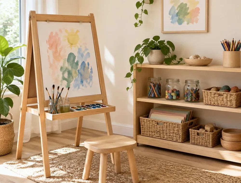 An art corner with a child-height wooden easel, watercolours, brushes and shelves of crayons and paper
