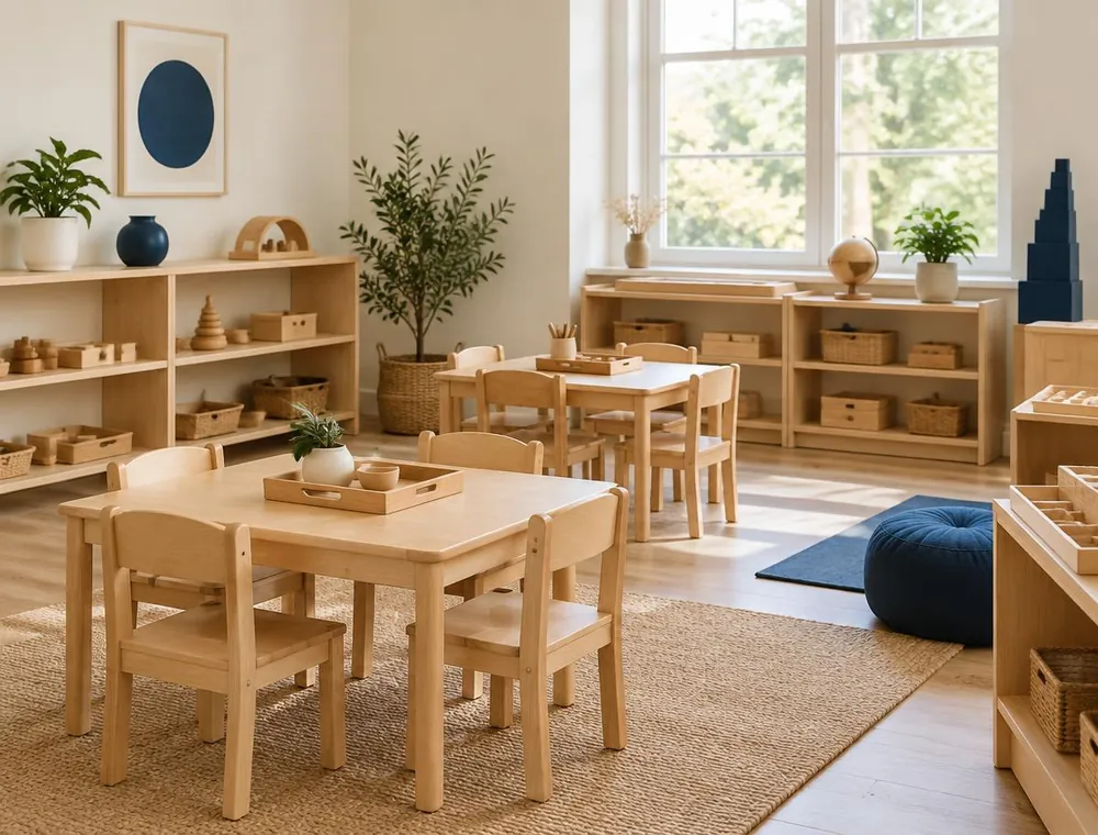 A calm classroom with low wooden tables and chairs and open shelves of Montessori materials