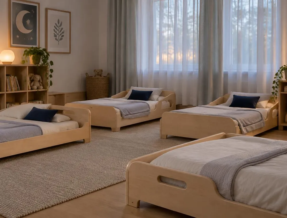 A quiet nap room with low wooden toddler beds, soft cream bedding and navy pillows
