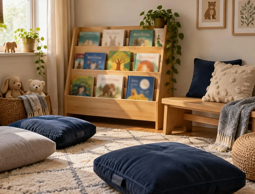A cosy reading corner with a front-facing wooden bookshelf, floor cushions and a soft rug