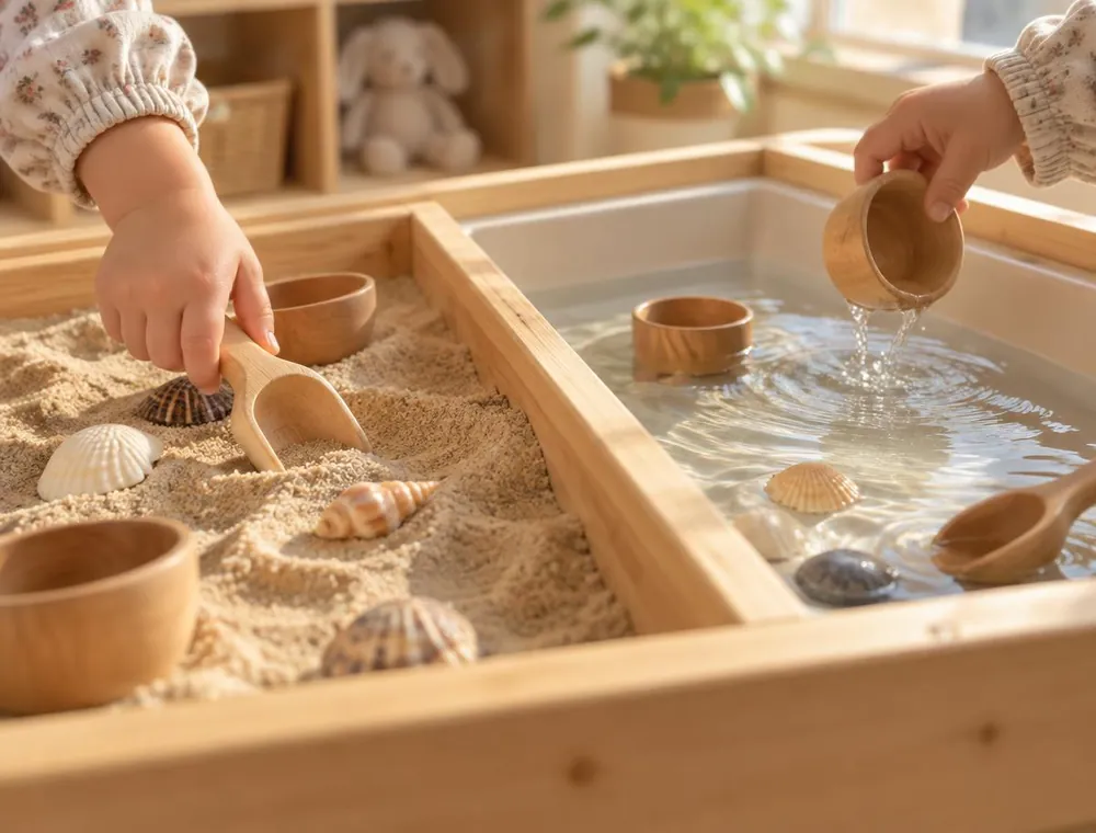 Small hands exploring a wooden sand and water sensory table with scoops, cups and shells