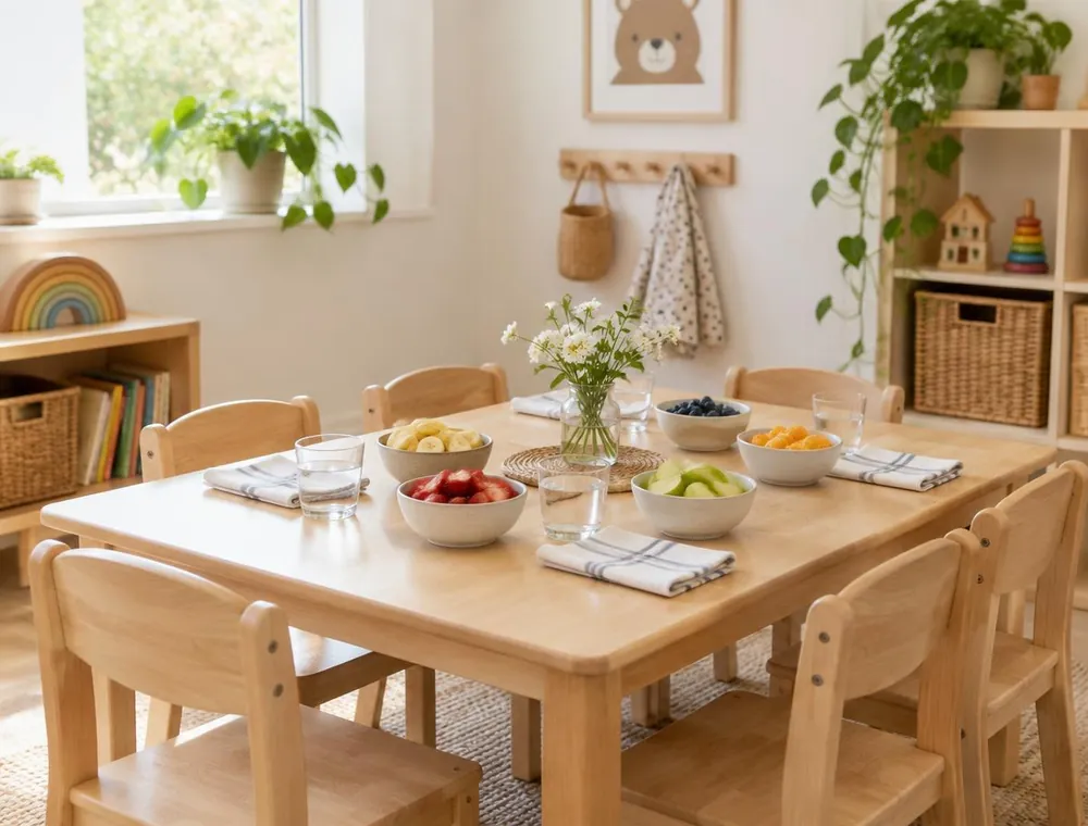 A snack area with a low wooden table set with bowls of fresh fruit, small glasses and napkins