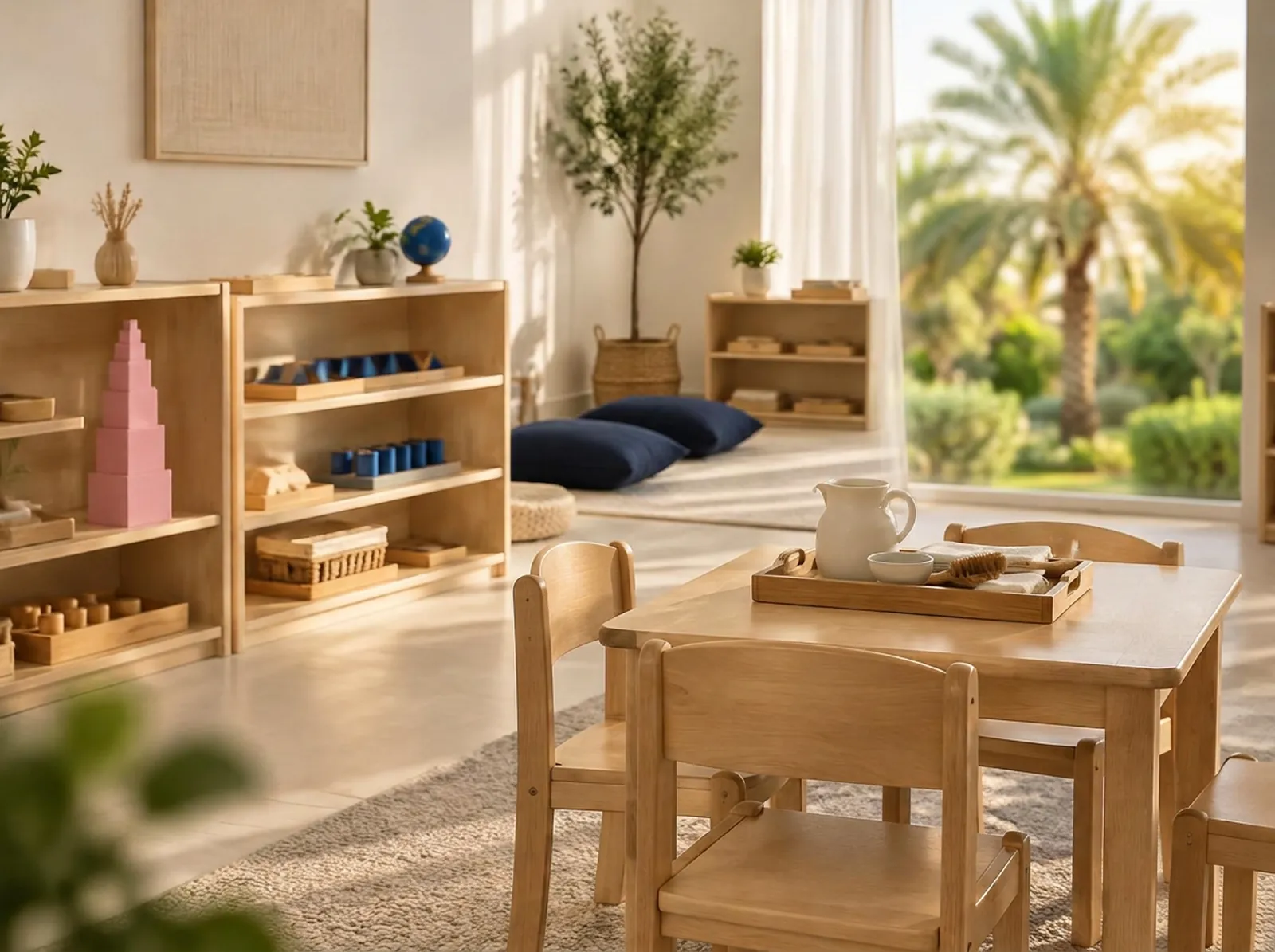 A bright Montessori classroom with natural wood shelves holding a pink tower and sensorial materials, low wooden tables and chairs, navy floor cushions and a sunny garden view
